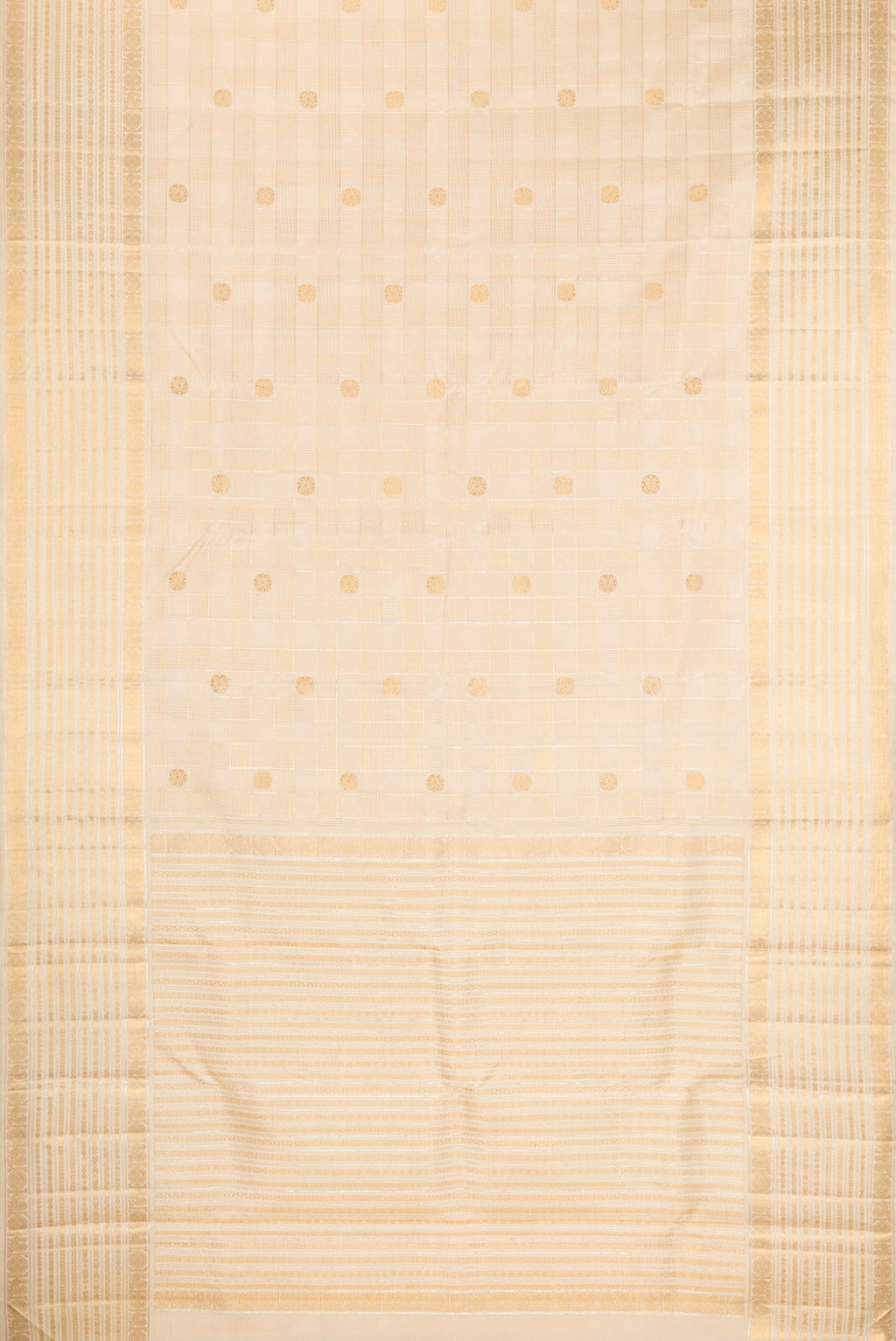 Flat view of Beige Dual Tone Kanchipuram Silk Saree with Checked design on the body and Fancy Border. 