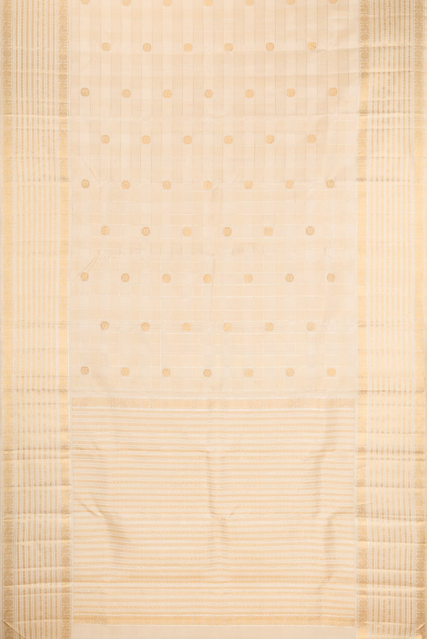 Flat view of Beige Dual Tone Kanchipuram Silk Saree with Checked design on the body and Fancy Border. 
