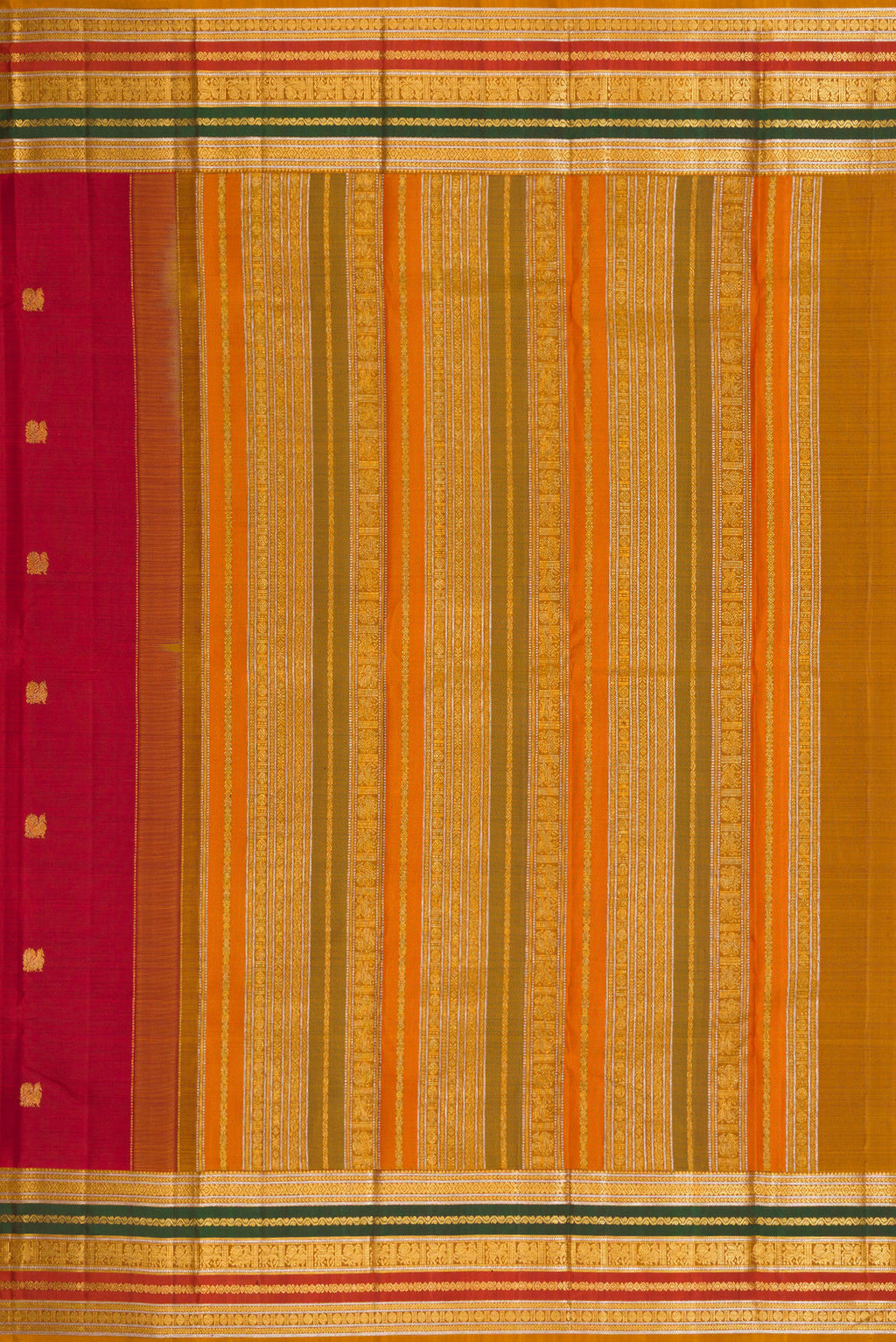 Close up image of the pallu of Red Dual Tone Kanjivaram Silk Saree with Zari Butta on the body and Zari Border. 