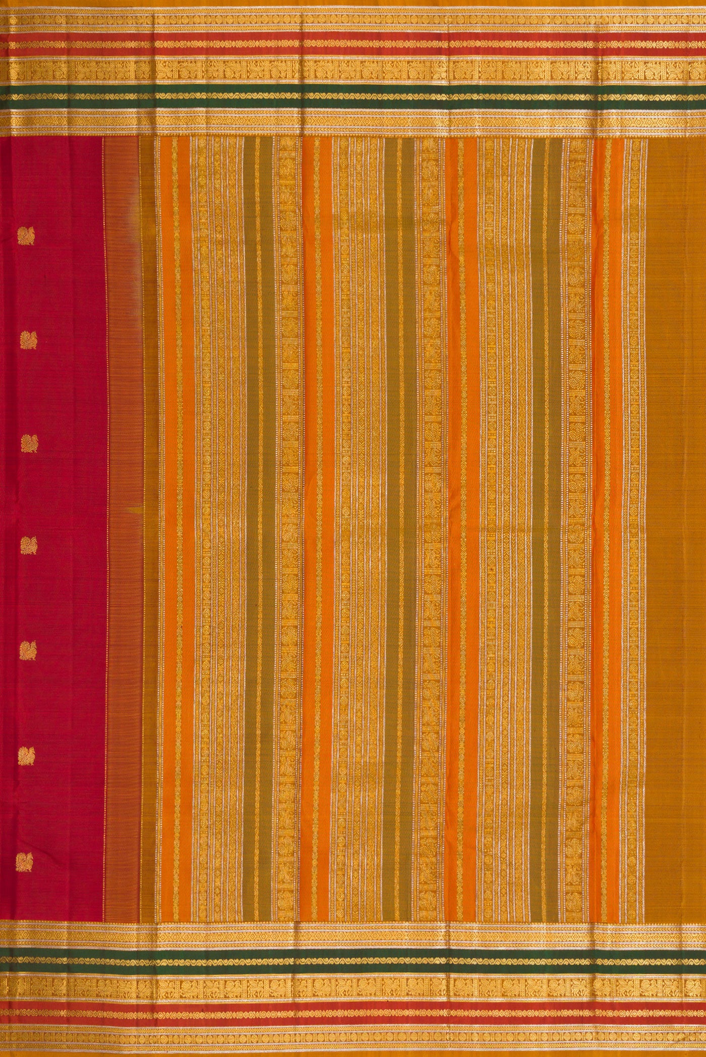 Close up image of the pallu of Red Dual Tone Kanjivaram Silk Saree with Zari Butta on the body and Zari Border. 