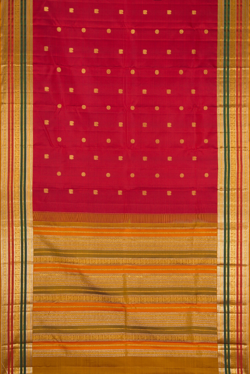 Flat view of Red Dual Tone Kanjivaram Silk Saree with Zari Butta on the body and Zari Border. 