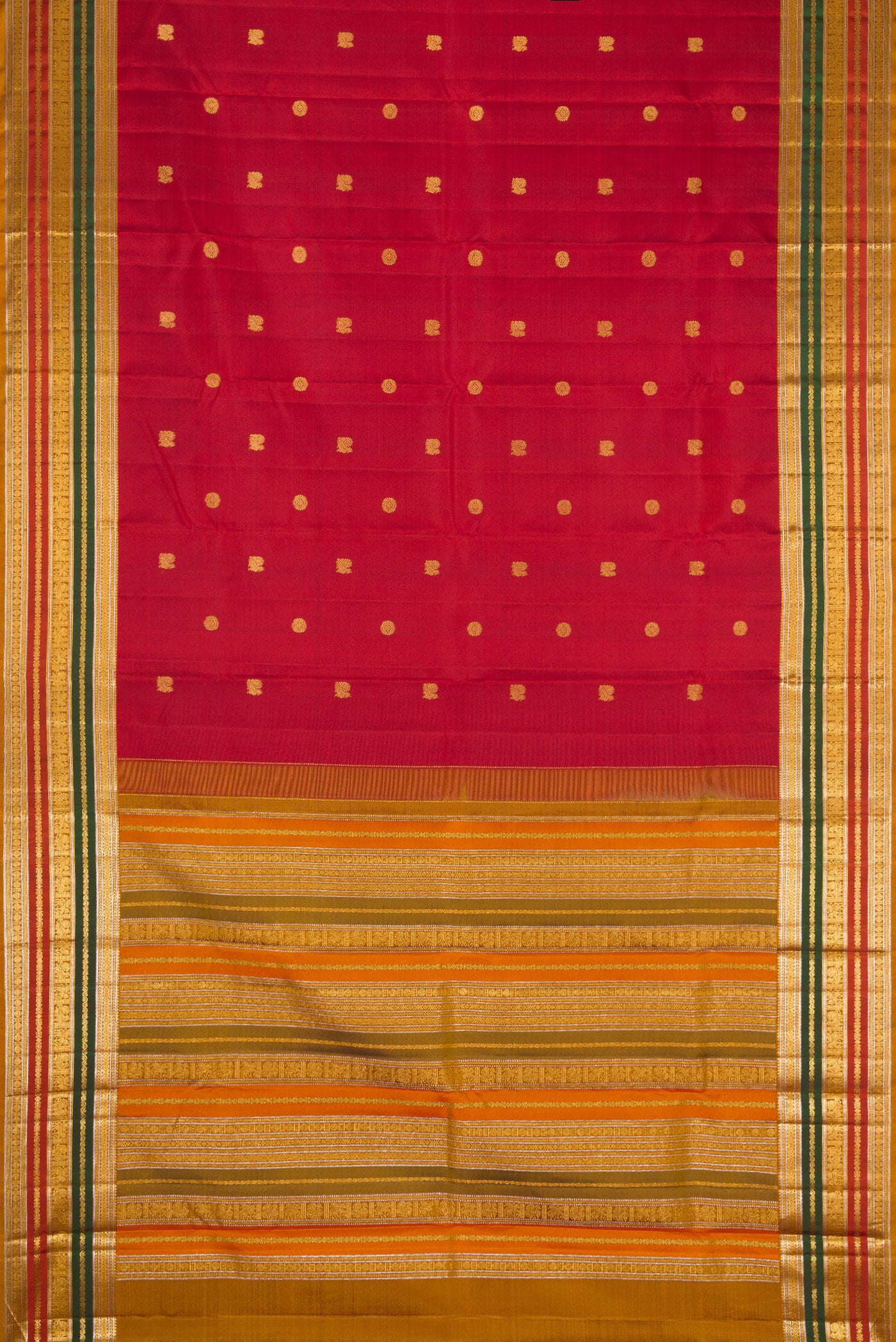 Flat view of Red Dual Tone Kanjivaram Silk Saree with Zari Butta on the body and Zari Border. 