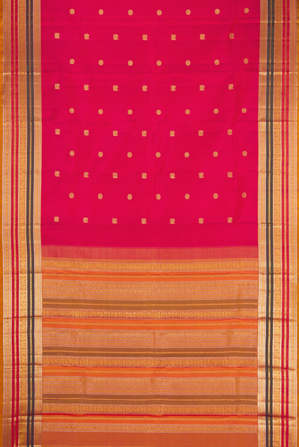 Flat view of Dark Pink Kanjivaram Silk Saree with Zari Butta on the body and Zari Border. 