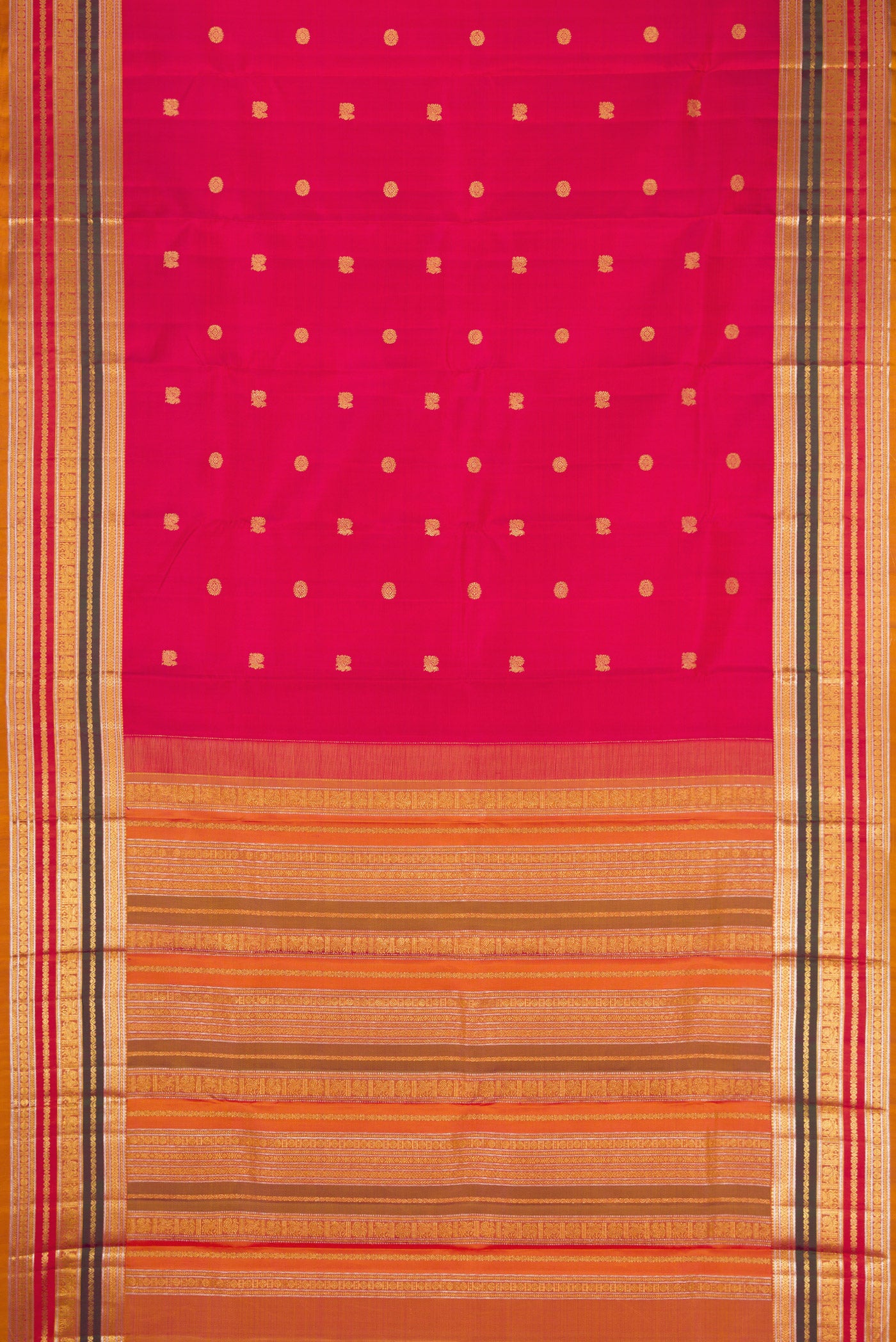 Flat view of Dark Pink Kanjivaram Silk Saree with Zari Butta on the body and Zari Border. 