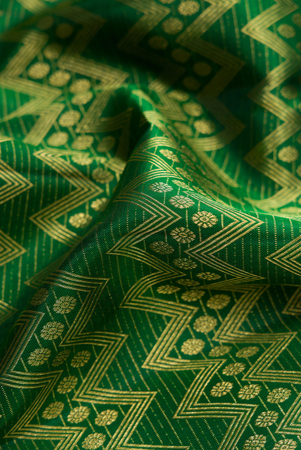 Close up of Green Dual Tone Kanchipuram Silk Saree with Zari Brocade on the body and Fancy Border.  displaying folds