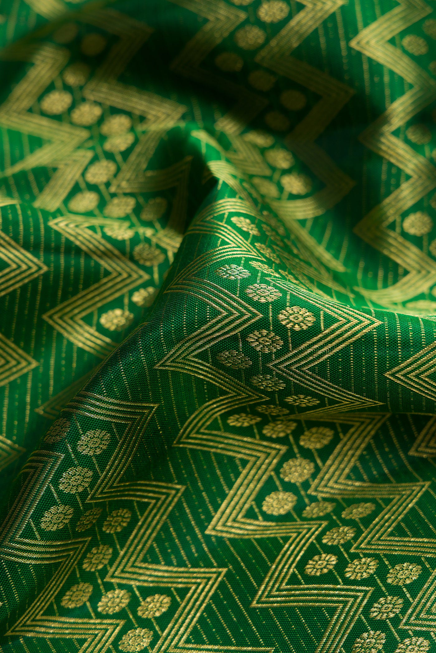 Close up of Green Dual Tone Kanchipuram Silk Saree with Zari Brocade on the body and Fancy Border.  displaying folds