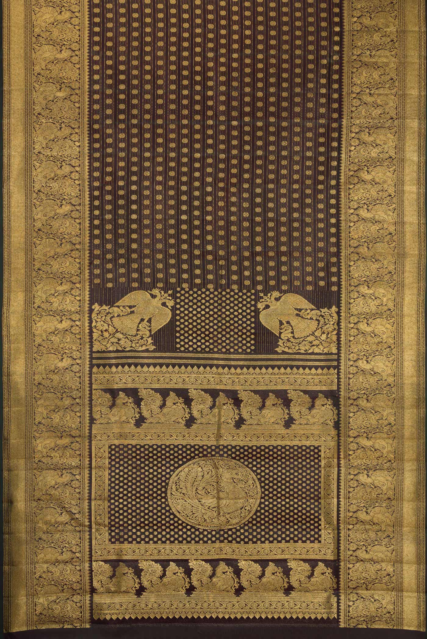 Flat view of Coffee Brown Kanchipuram Silk Saree with Zari Brocade on the body and Fancy Border. 