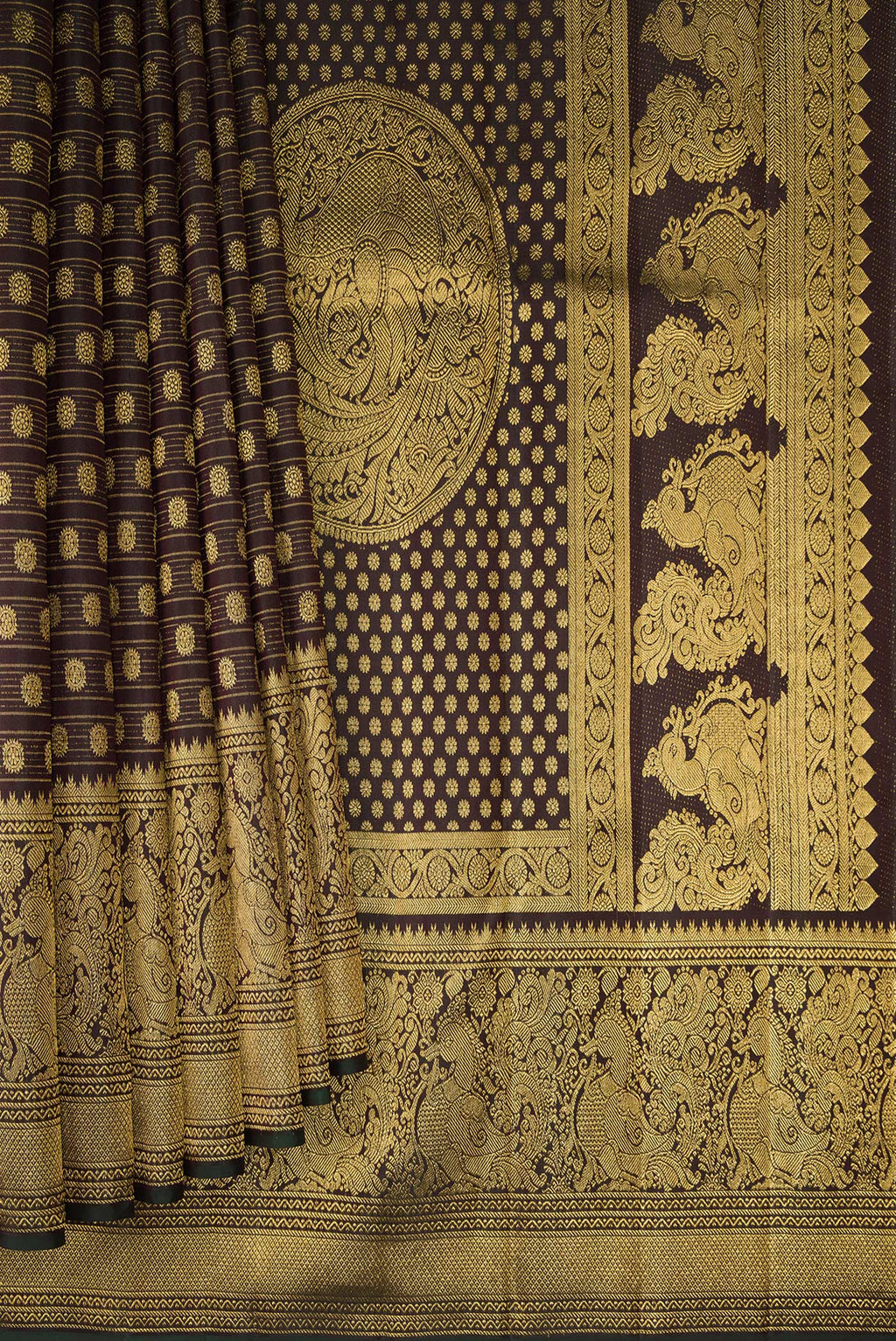 Pleats and pallu of Coffee Brown Kanchipuram Silk Saree with Zari Brocade on the body and Fancy Border. 