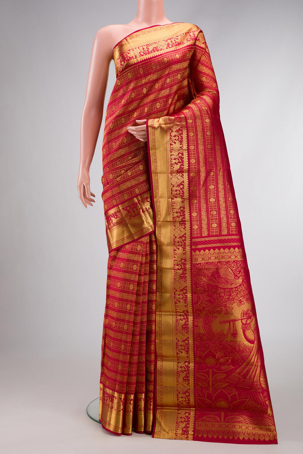 Pure Silk Pure Zari Maroon Dual Tone Kanchipuram Saree with Zari Brocade on the body and Zari Border.  displayed on a mannequin