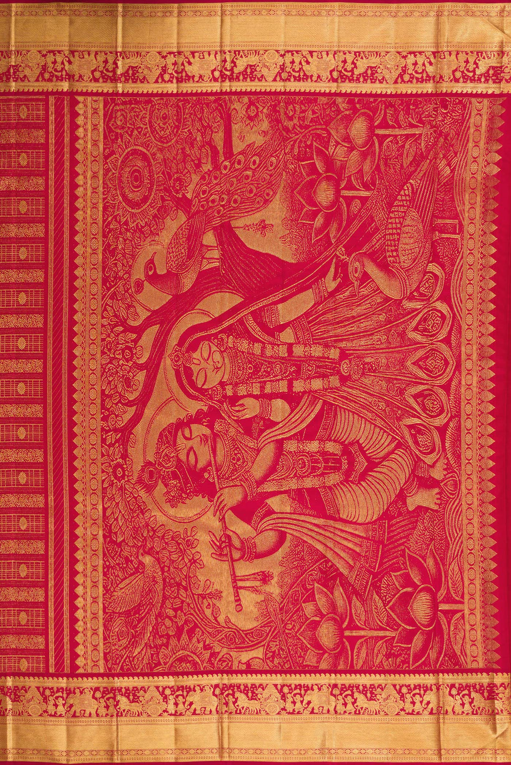 Close up image of the pallu of Pure Silk Pure Zari Maroon Dual Tone Kanchipuram Saree with Zari Brocade on the body and Zari Border. 