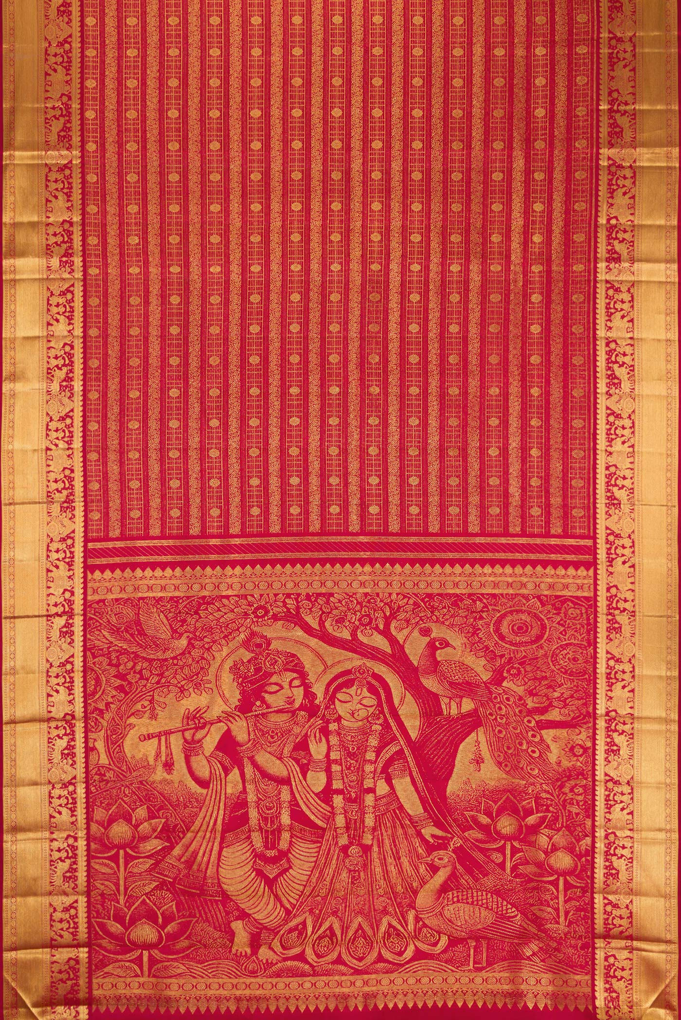 Flat view of Pure Silk Pure Zari Maroon Dual Tone Kanchipuram Saree with Zari Brocade on the body and Zari Border. 