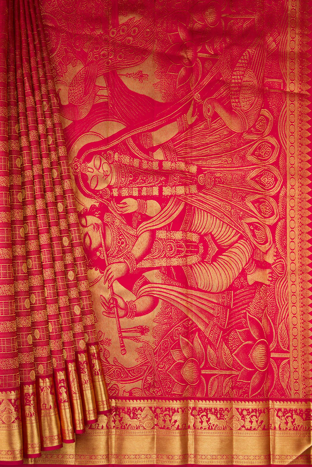 Pleats and pallu of Pure Silk Pure Zari Maroon Dual Tone Kanchipuram Saree with Zari Brocade on the body and Zari Border. 