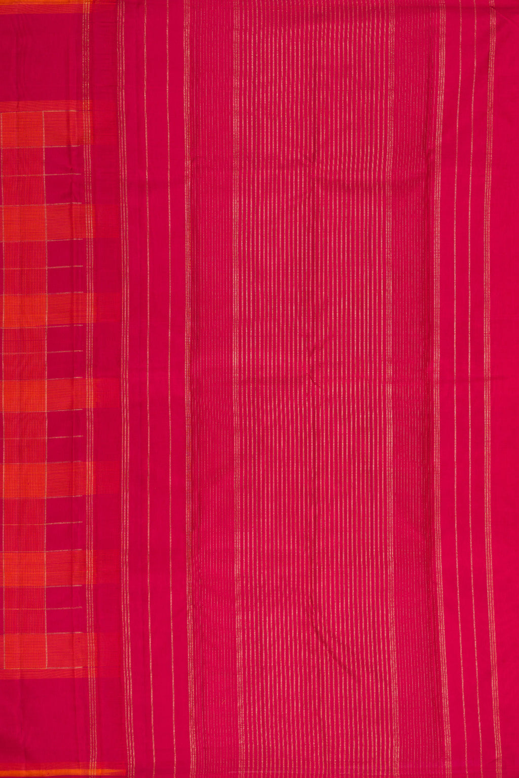 Close up image of the pallu of Pure Silk Pure Zari Dark Pink and Brick Orange Color Kanchipuram Saree with Checked design on the body and Thread Border. 