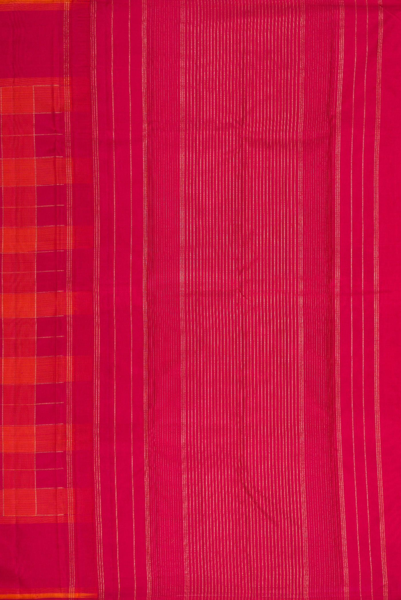 Close up image of the pallu of Pure Silk Pure Zari Dark Pink and Brick Orange Color Kanchipuram Saree with Checked design on the body and Thread Border. 