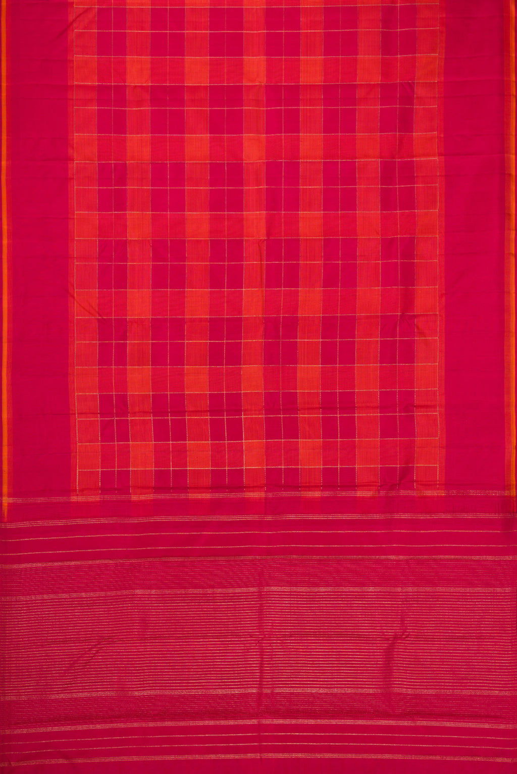 Flat view of Pure Silk Pure Zari Dark Pink and Brick Orange Color Kanchipuram Saree with Checked design on the body and Thread Border. 