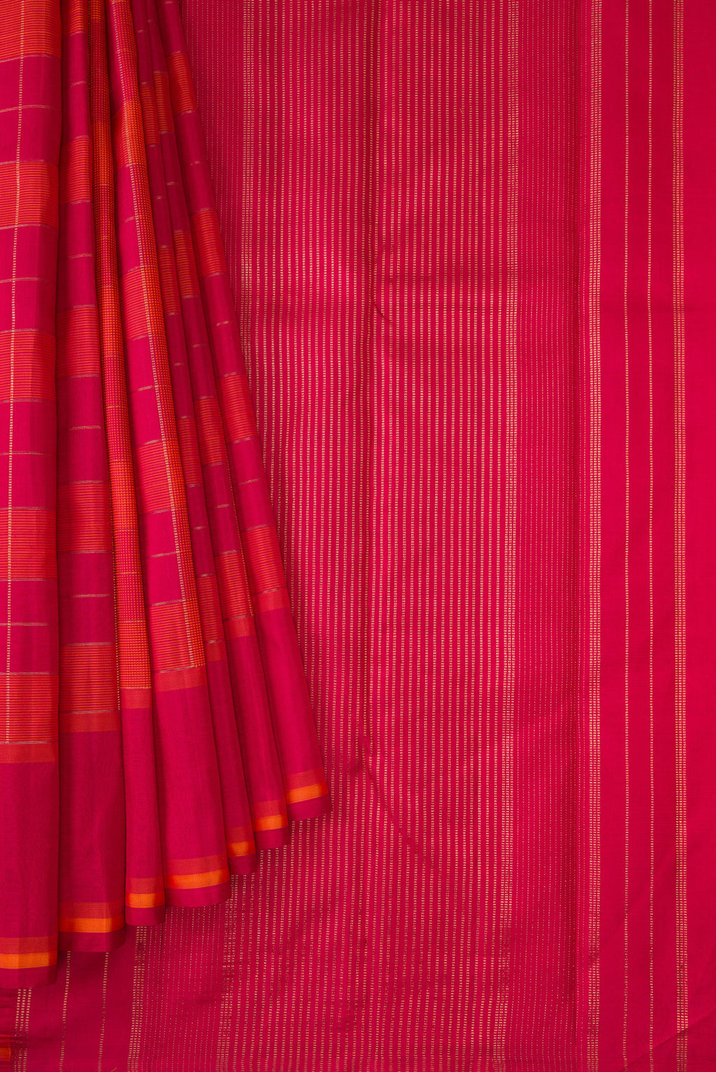 Pleats and pallu of Pure Silk Pure Zari Dark Pink and Brick Orange Color Kanchipuram Saree with Checked design on the body and Thread Border. 