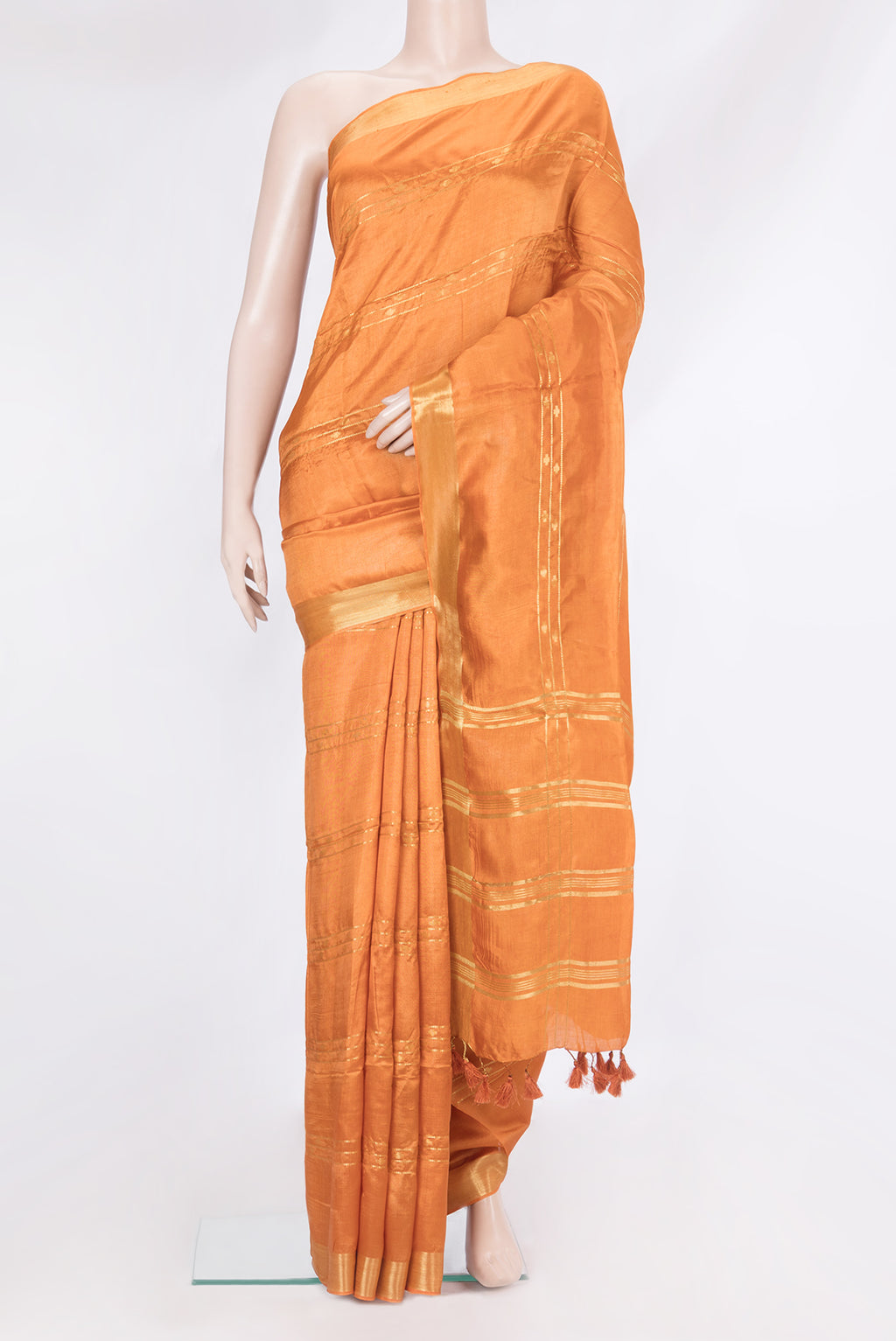 Orange Dual Tone Blended Tussar Silk Saree with Printed design on the body and Zari Border.  displayed on a mannequin