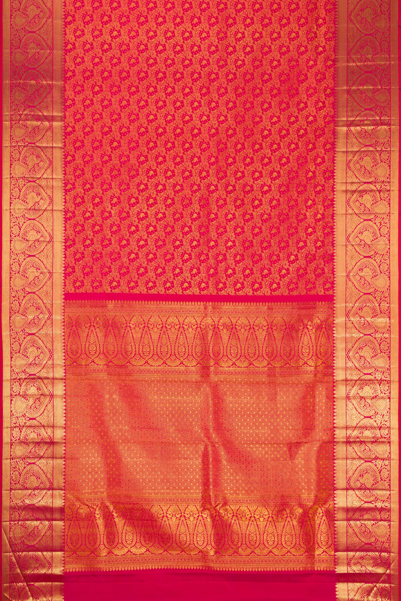 Flat view of Pink Dual Tone Kanchipuram Silk Saree with Zari Brocade on the body and Zari Border. 