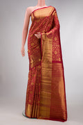 Maroon Dual Tone Kanchipuram Silk Saree with Zari Brocade on the body and Zari Border.  displayed on a mannequin