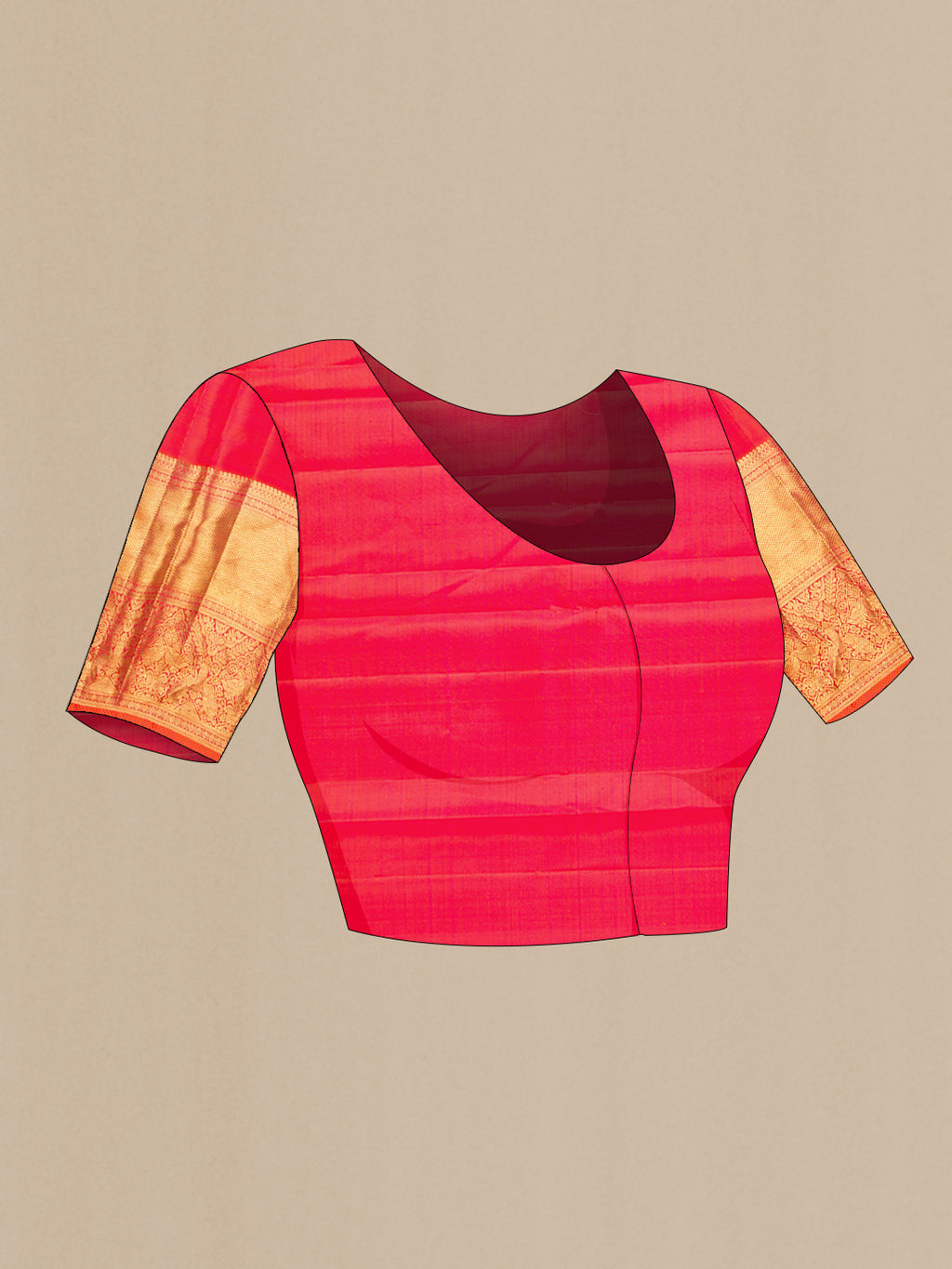 Close up image of the blouse of Coral Dual Tone Kanchipuram Silk Saree with Zari Brocade on the body and Zari Border. 
