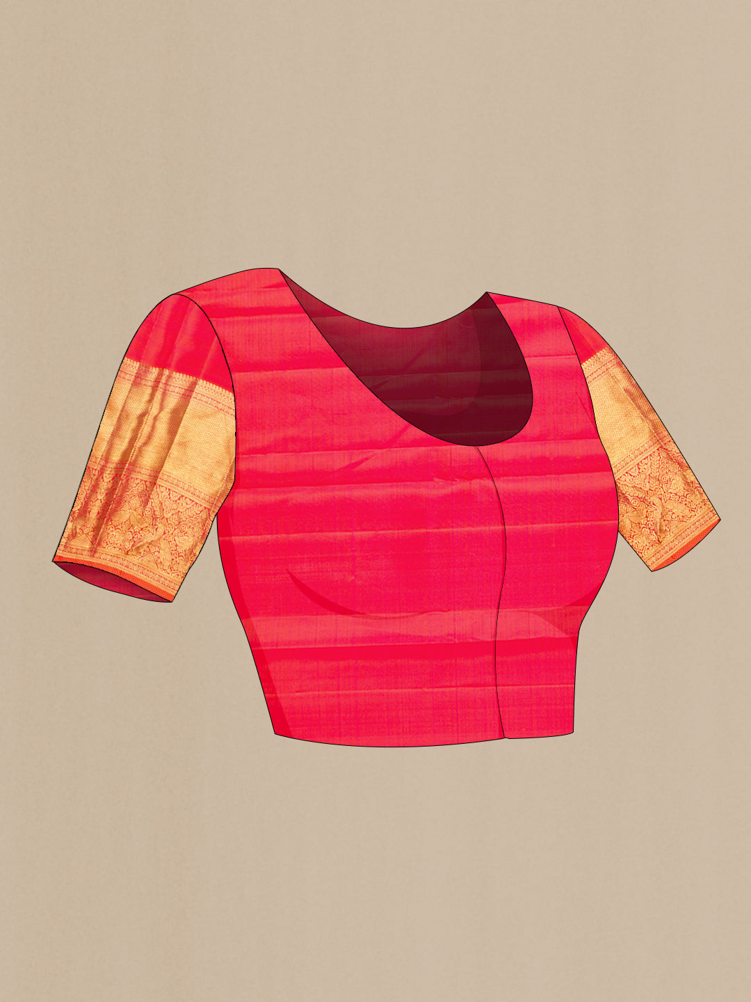 Close up image of the blouse of Coral Dual Tone Kanchipuram Silk Saree with Zari Brocade on the body and Zari Border. 