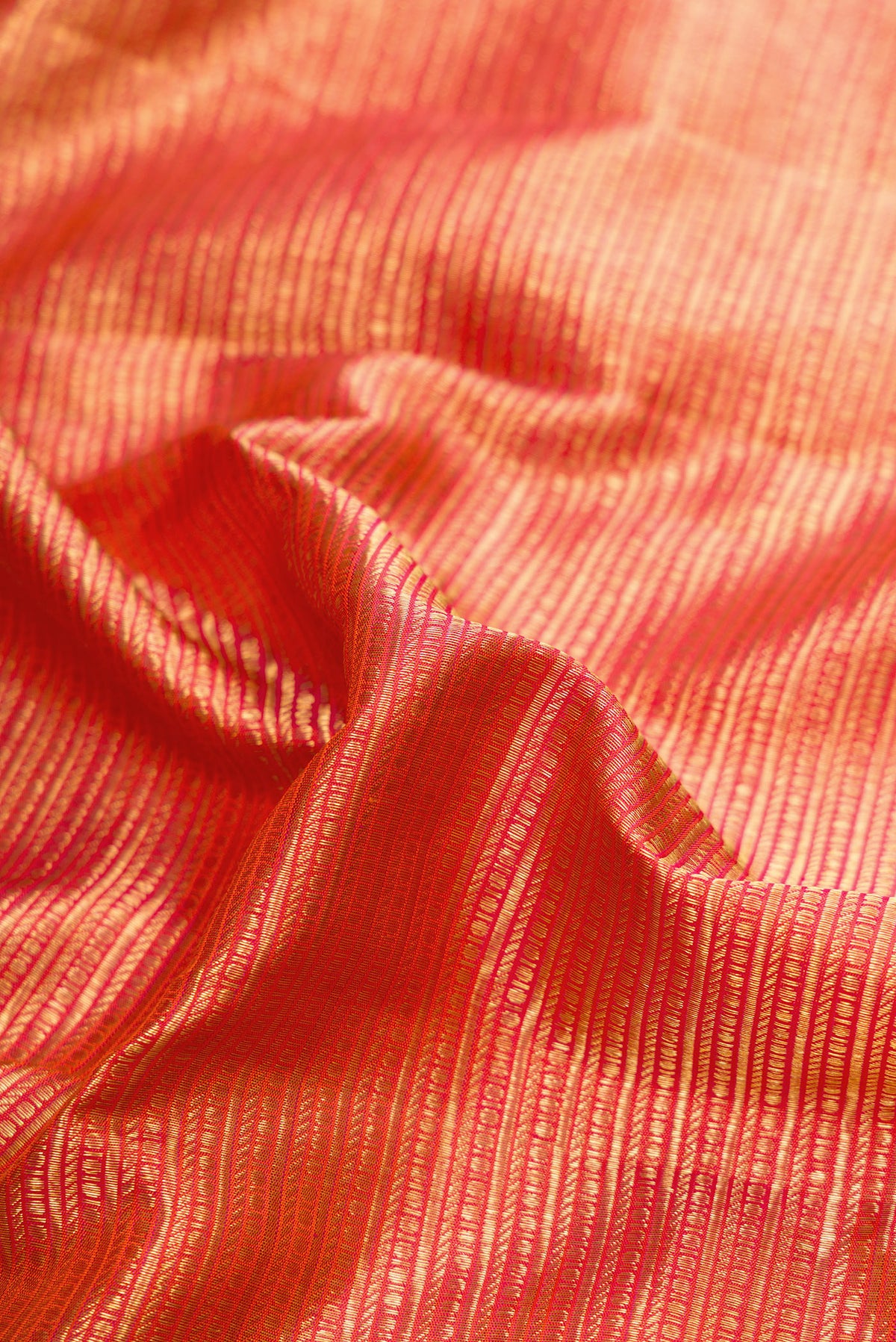 Close up of Coral Dual Tone Kanchipuram Silk Saree with Zari Brocade on the body and Zari Border.  displaying folds