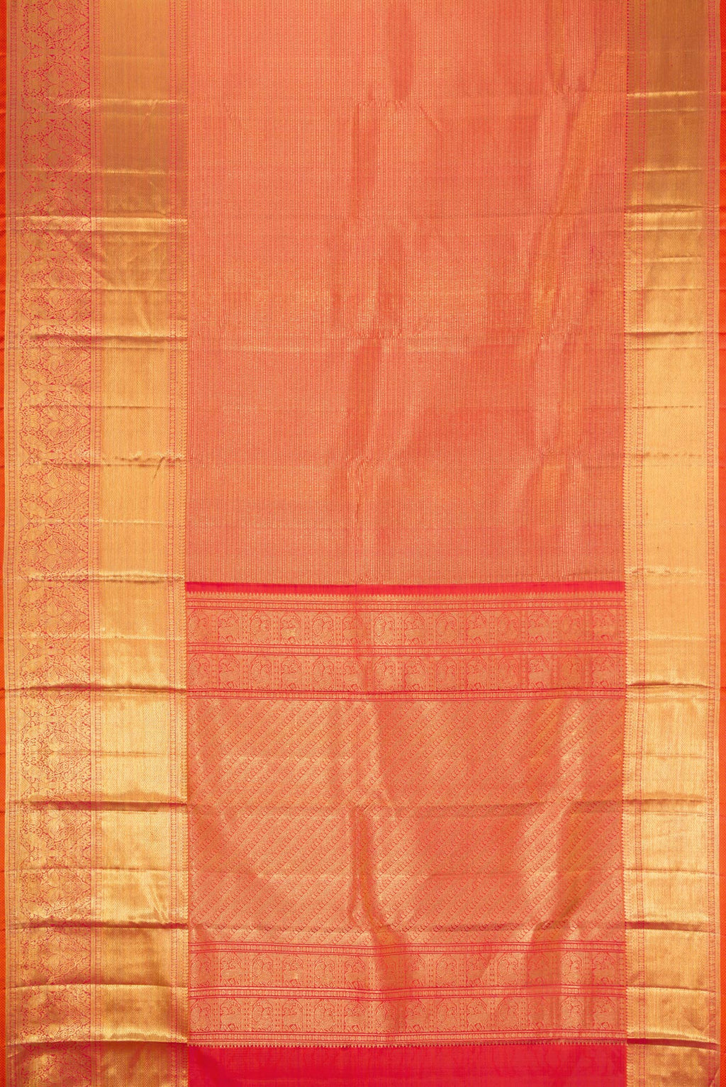 Flat view of Coral Dual Tone Kanchipuram Silk Saree with Zari Brocade on the body and Zari Border. 