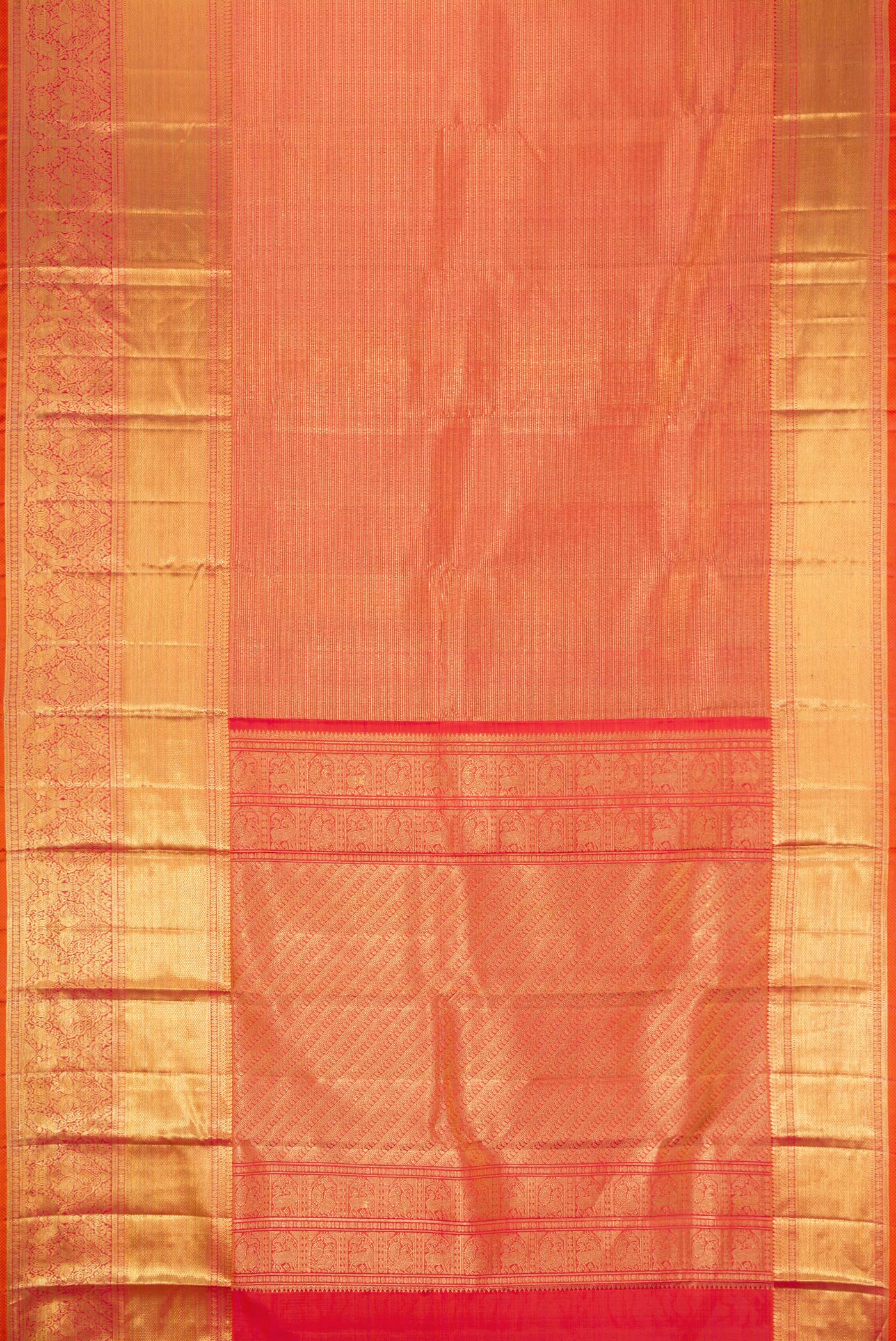 Flat view of Coral Dual Tone Kanchipuram Silk Saree with Zari Brocade on the body and Zari Border. 