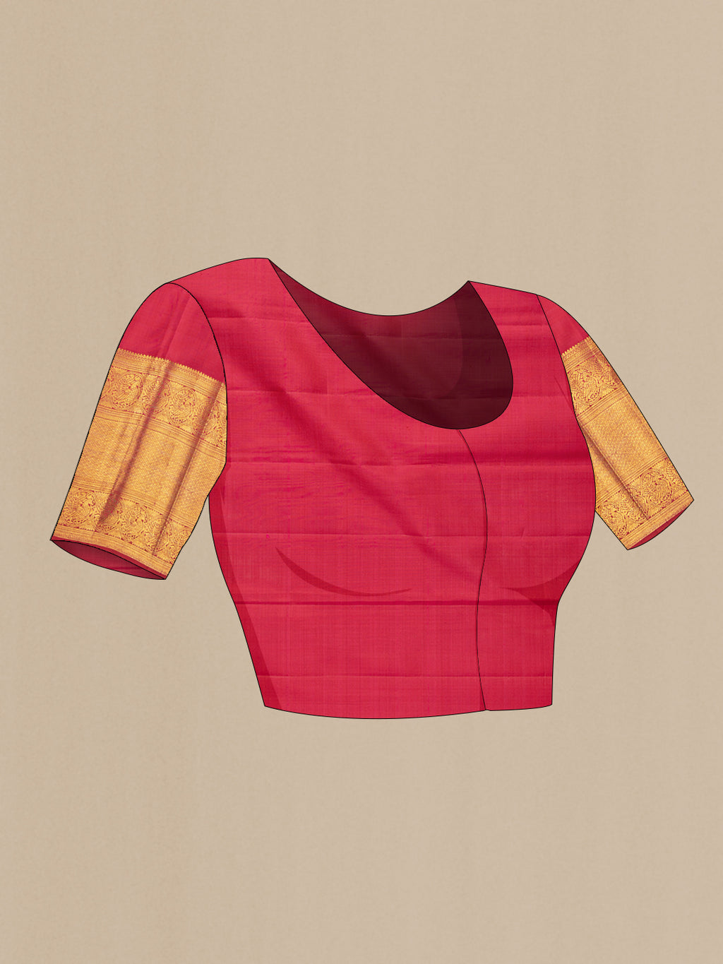Close up image of the blouse of Dark Pink Kanchipuram Silk Saree with Zari Brocade on the body and Zari Border. 
