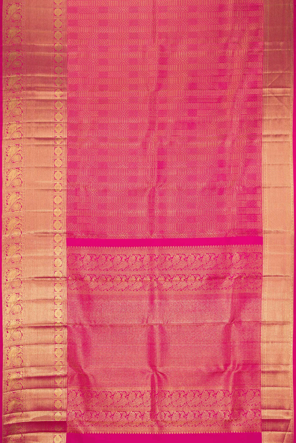 Flat view of Dark Pink Kanchipuram Silk Saree with Zari Brocade on the body and Zari Border. 