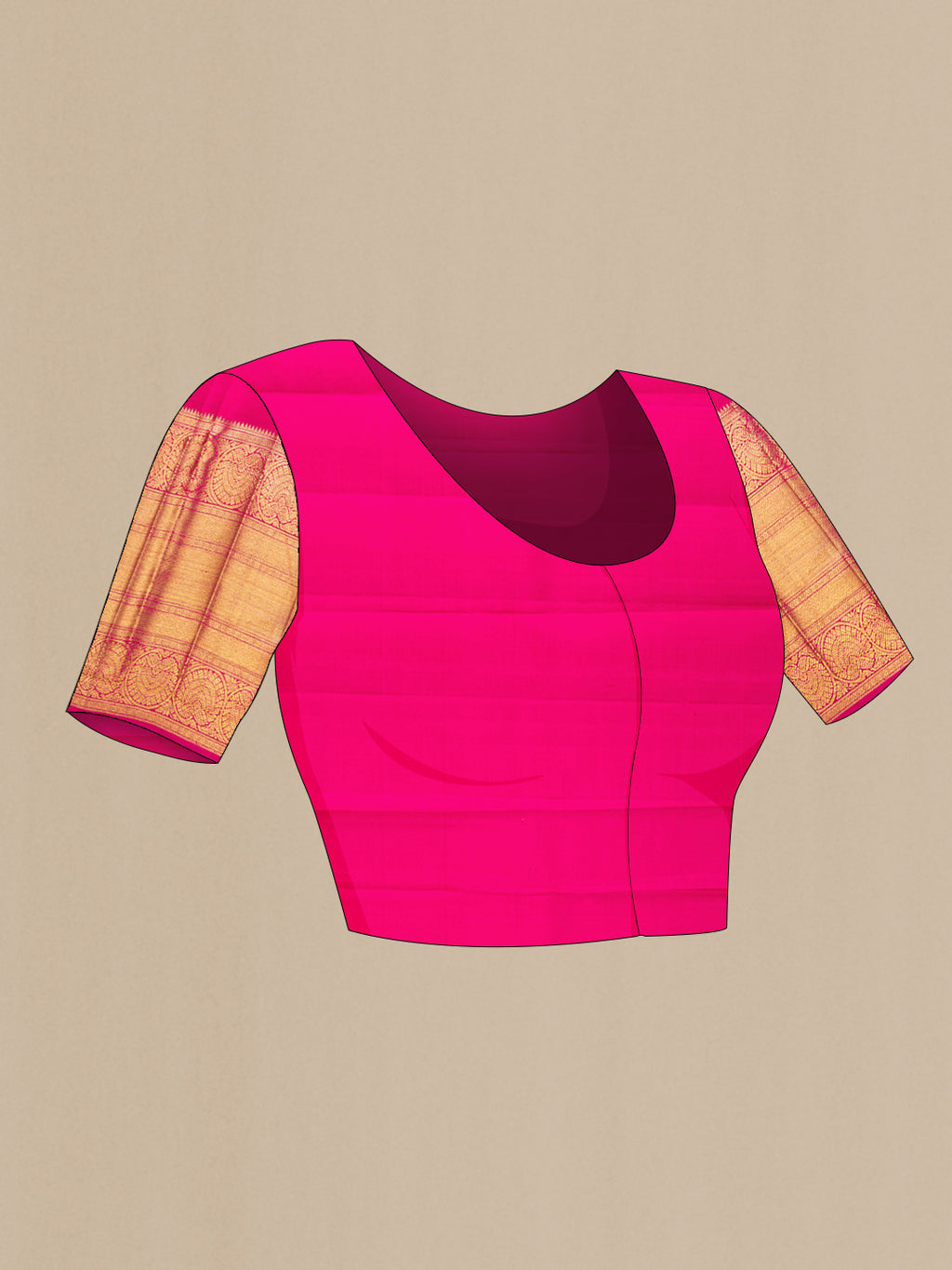 Close up image of the blouse of Pink Kanchipuram Silk Saree with Zari Brocade on the body and Fancy Border. 