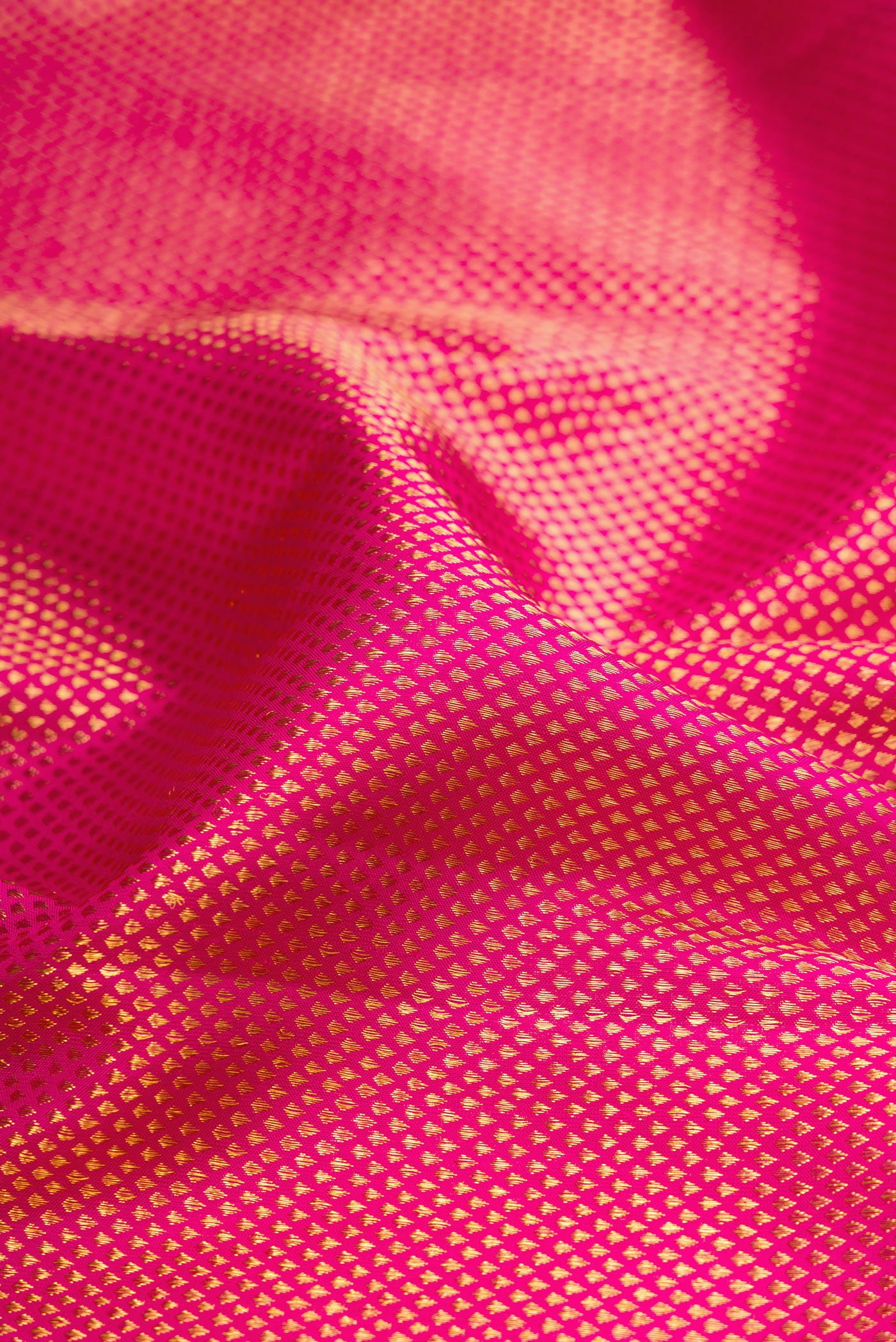 Close up of Pink Kanchipuram Silk Saree with Zari Brocade on the body and Fancy Border.  displaying folds