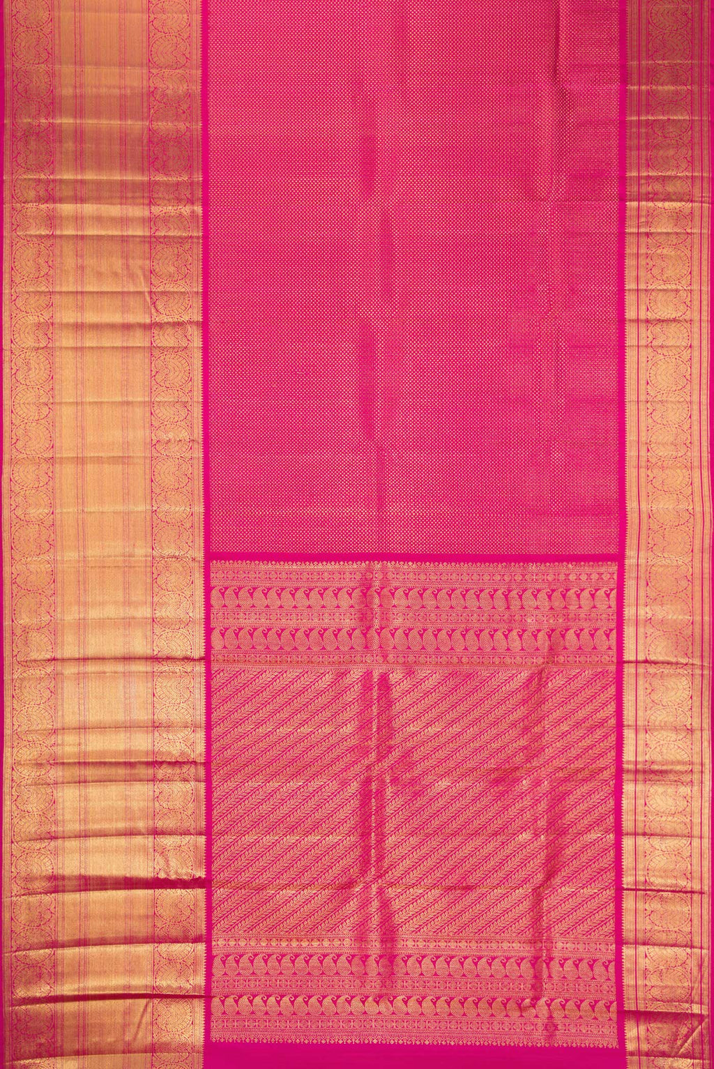 Flat view of Pink Kanchipuram Silk Saree with Zari Brocade on the body and Fancy Border. 