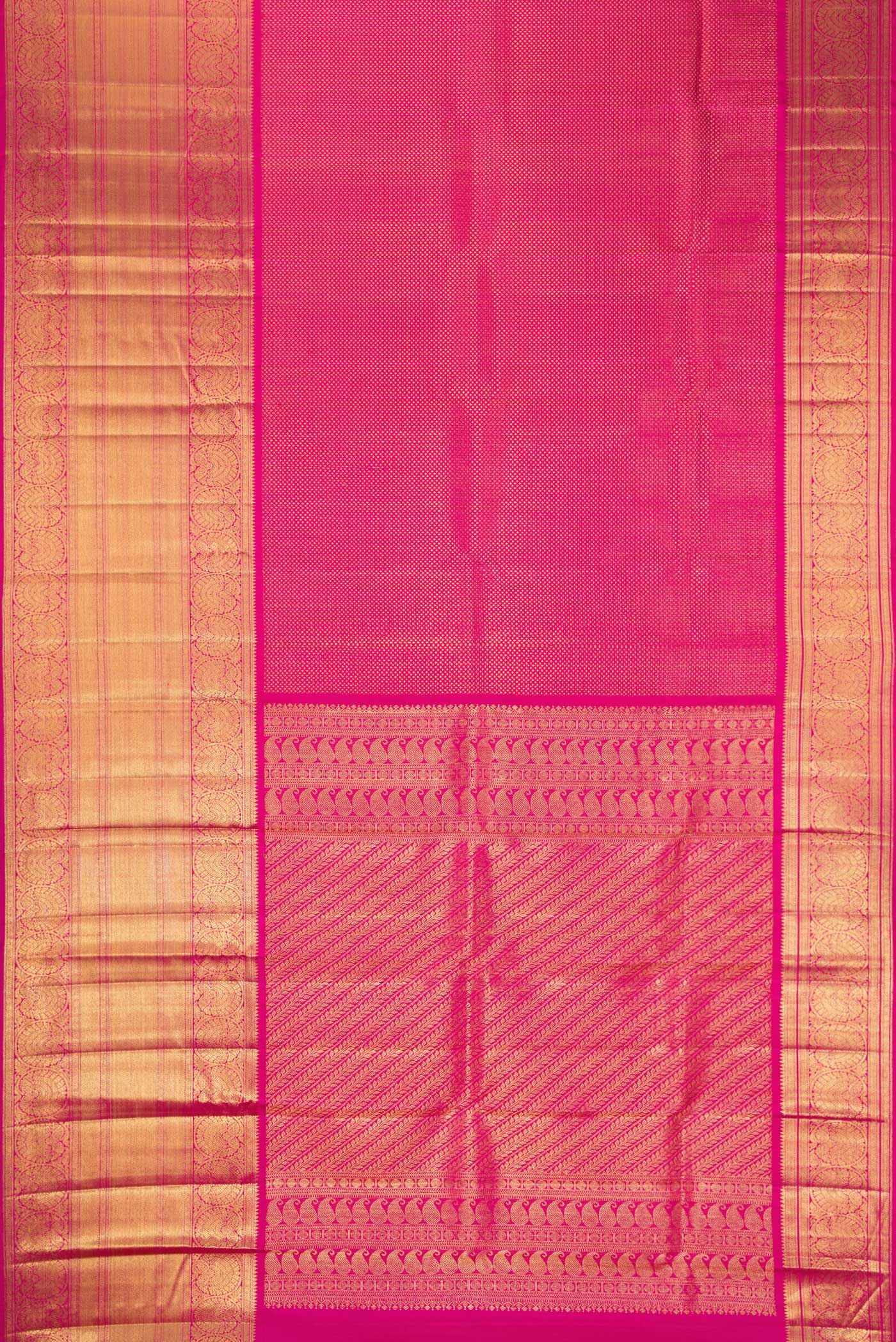 Flat view of Pink Kanchipuram Silk Saree with Zari Brocade on the body and Fancy Border. 