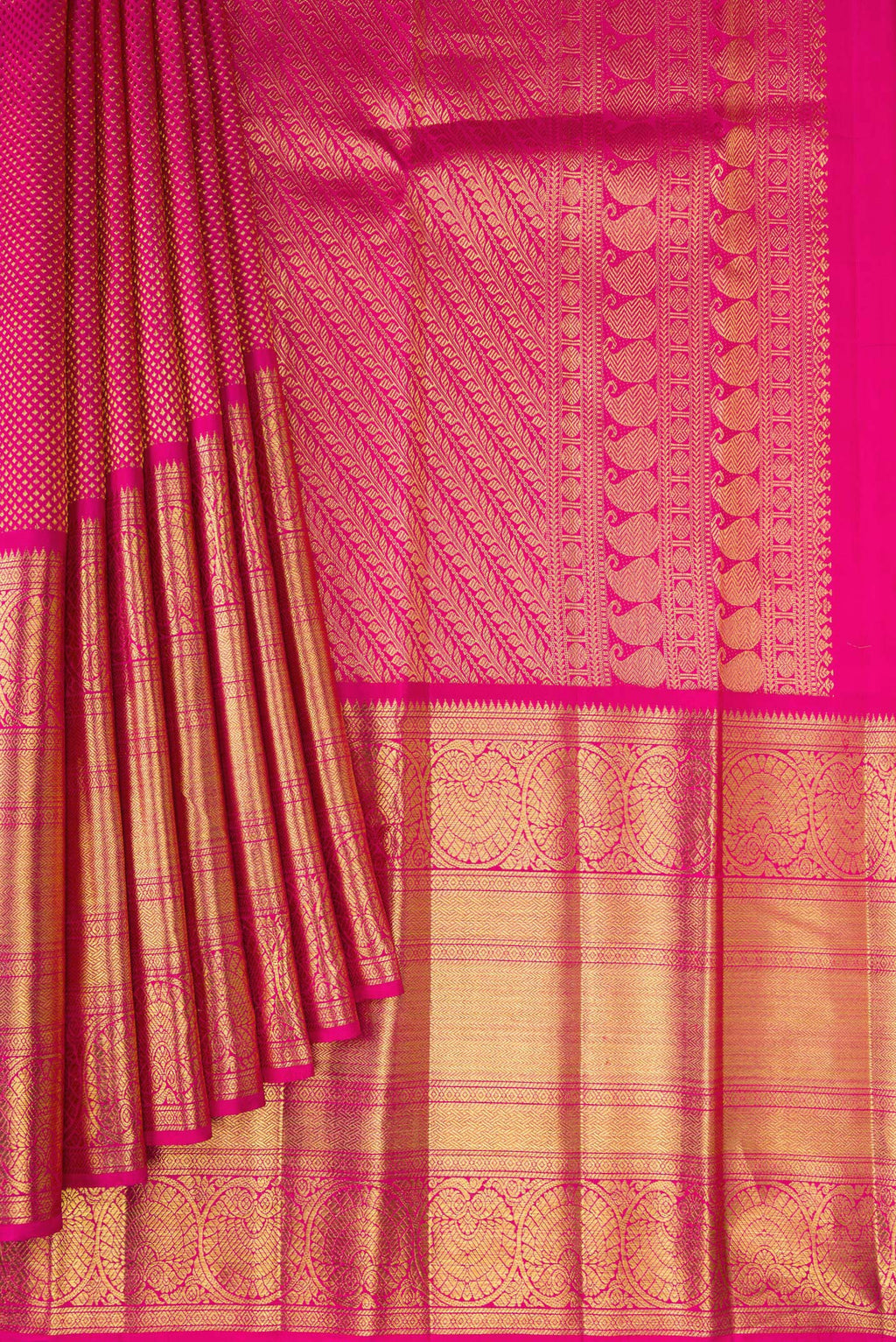 Pleats and pallu of Pink Kanchipuram Silk Saree with Zari Brocade on the body and Fancy Border. 