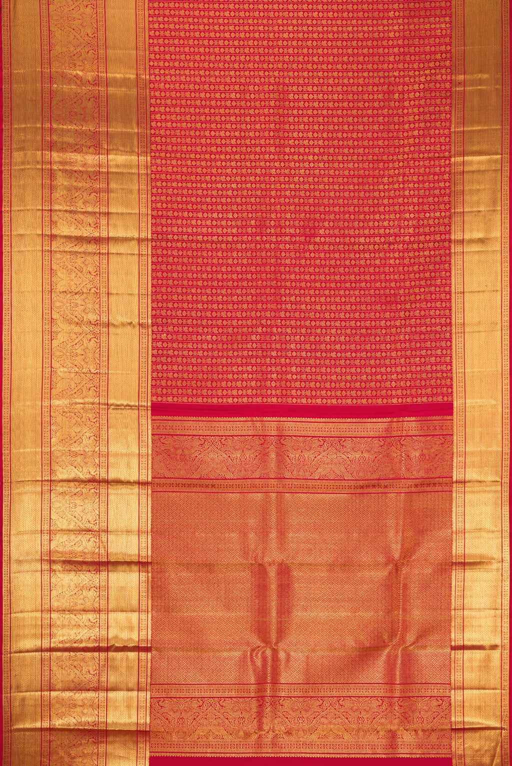 Flat view of Maroon Dual Tone Kanchipuram Silk Saree with Zari Brocade on the body and Zari Border. 