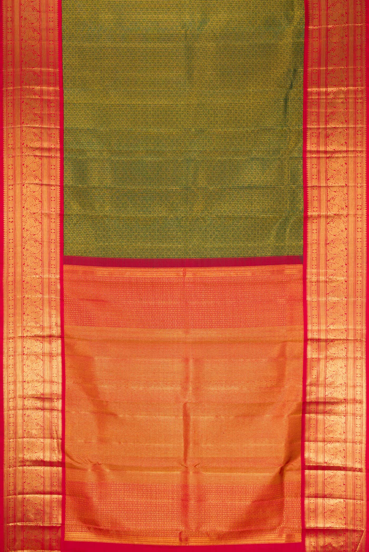 Flat view of Green Dual Tone Kanchipuram Silk Saree with Zari Brocade on the body and Zari Border. 