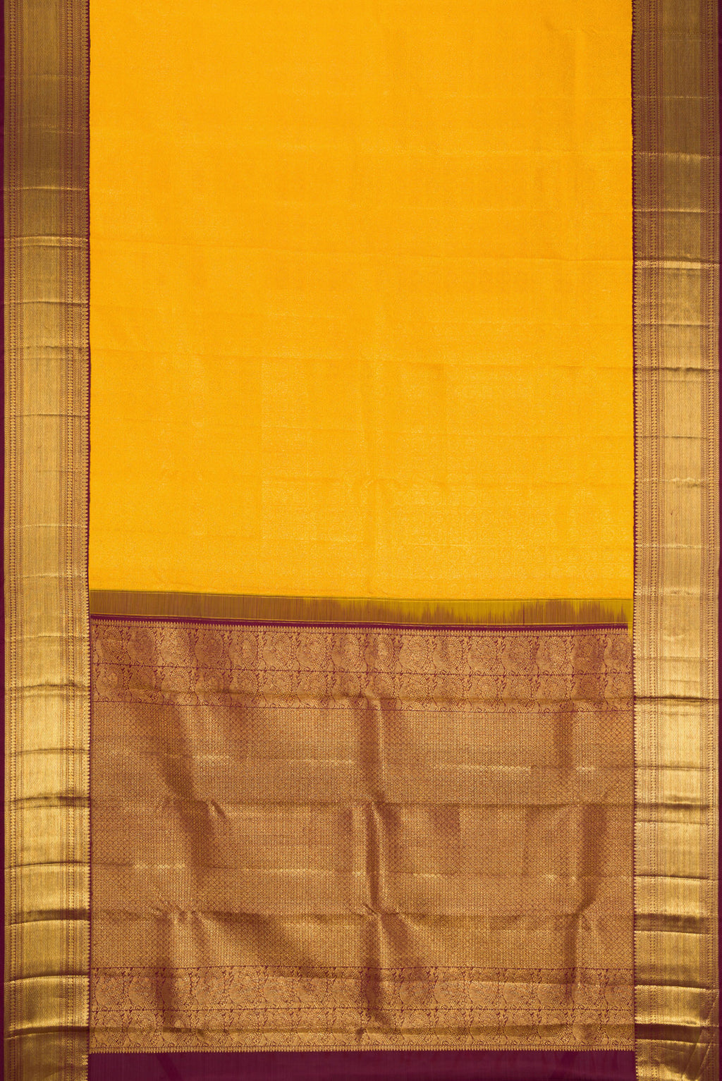 Flat view of Yellow Dual Tone Kanchipuram Silk Saree with Zari Brocade on the body and Zari Border. 