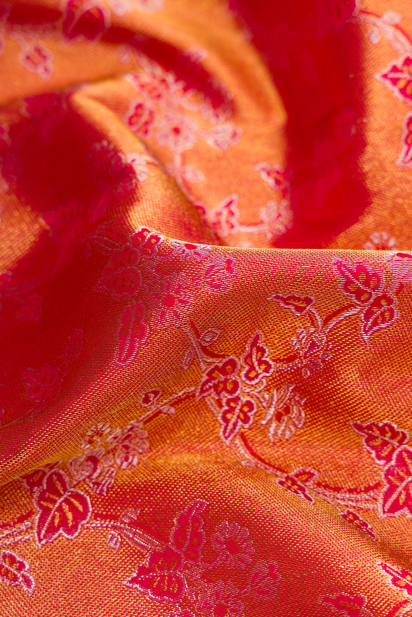 Close up of Red Dual Tone Kanchipuram Silk Saree with Zari Brocade on the body and Zari Border.  displaying folds