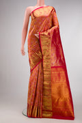 Red Dual Tone Kanchipuram Silk Saree with Zari Brocade on the body and Zari Border.  displayed on a mannequin