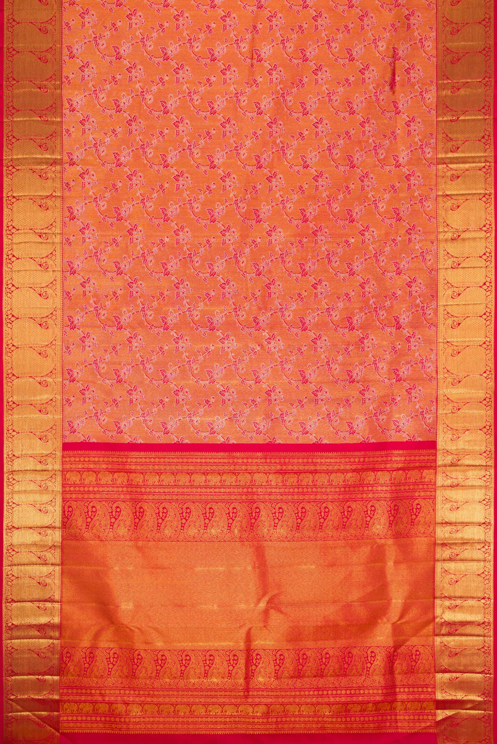Flat view of Red Dual Tone Kanchipuram Silk Saree with Zari Brocade on the body and Zari Border. 
