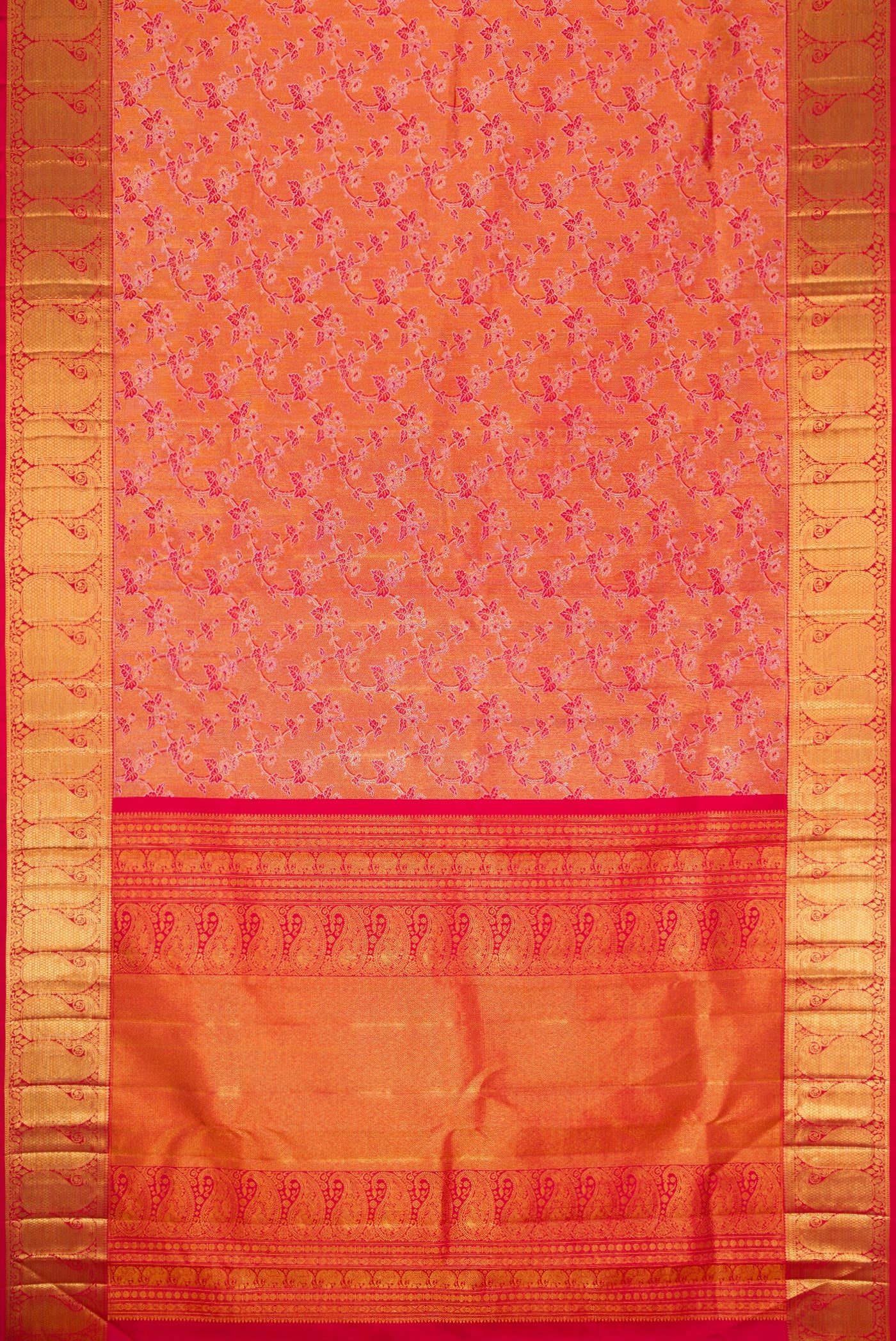 Flat view of Red Dual Tone Kanchipuram Silk Saree with Zari Brocade on the body and Zari Border. 