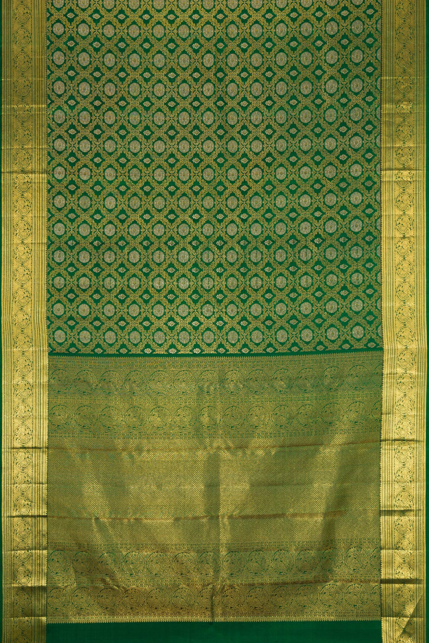 Flat view of Green Dual Tone Kanchipuram Silk Saree with Zari Brocade on the body and Zari Border. 