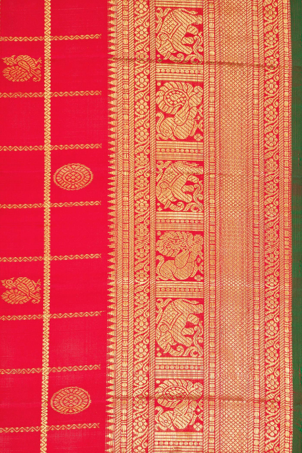 Border image of Red Dual Tone Kanchipuram Silk Saree with Checked design on the body and Zari Border. 