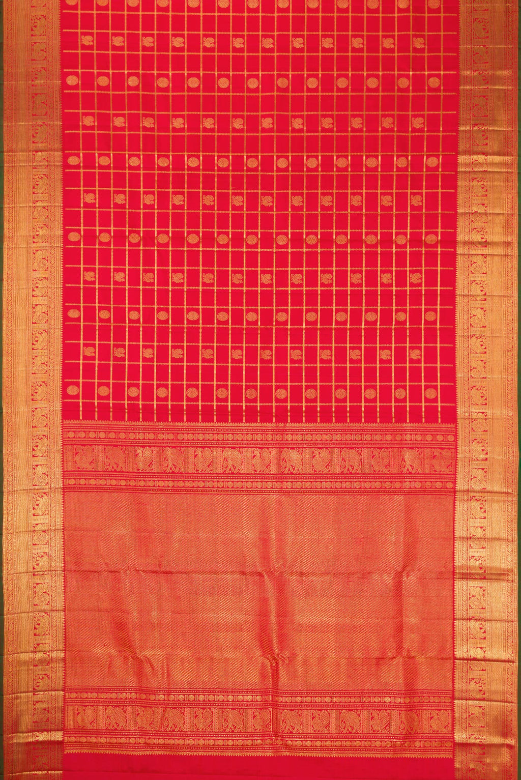 Flat view of Red Dual Tone Kanchipuram Silk Saree with Checked design on the body and Zari Border. 