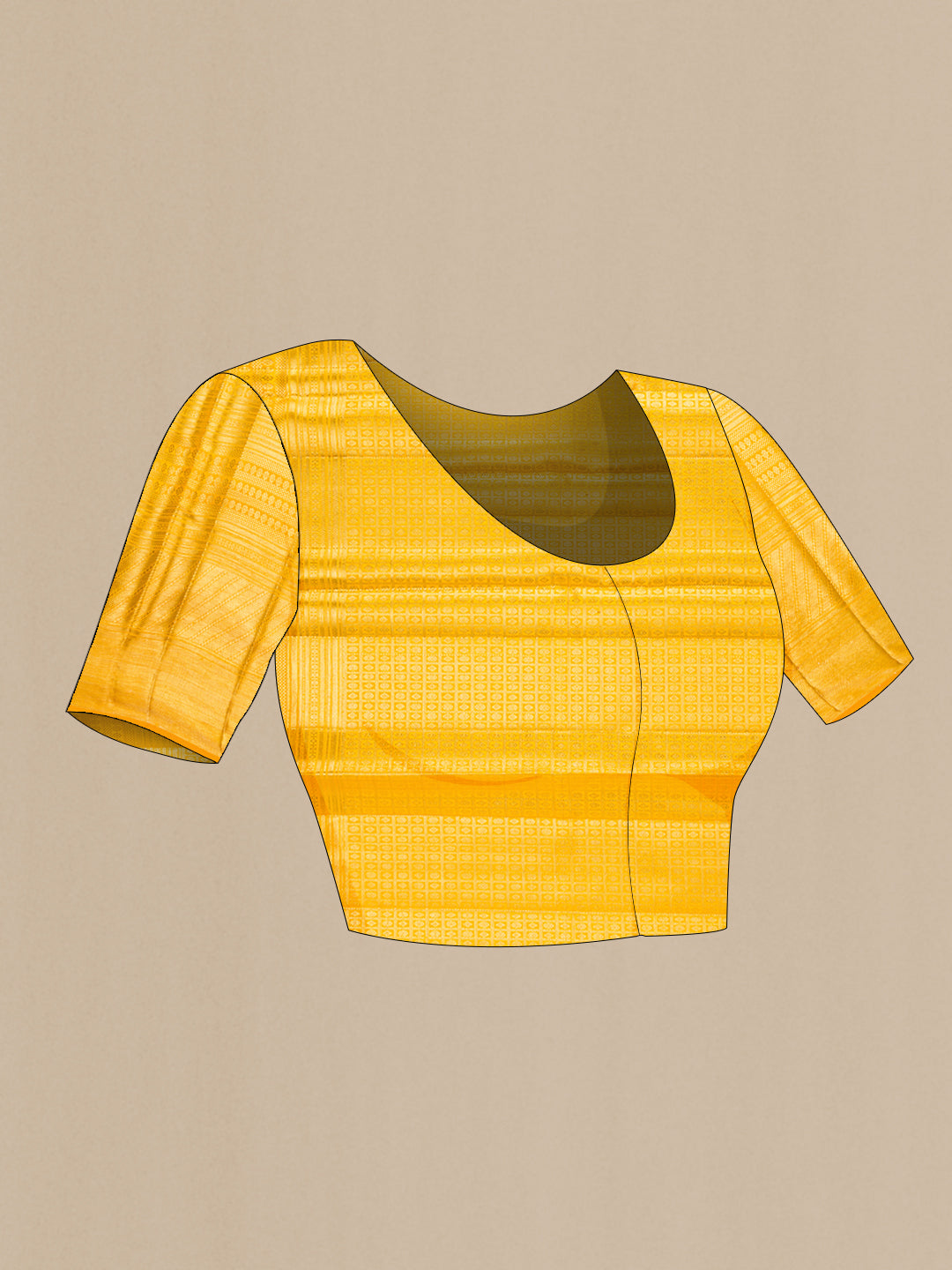Close up image of the blouse of Yellow Dual Tone Kanjivaram Silk Saree with Zari Brocade on the body and Zari Border. 