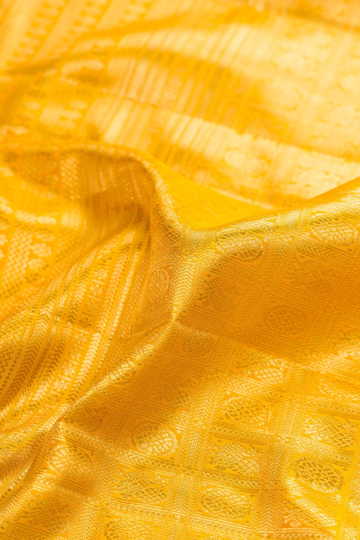 Close up of Yellow Dual Tone Kanjivaram Silk Saree with Zari Brocade on the body and Zari Border.  displaying folds