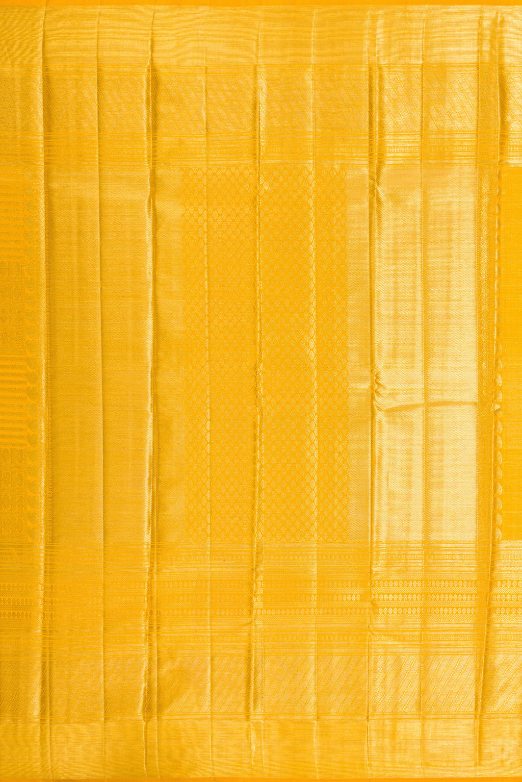 Close up image of the pallu of Yellow Dual Tone Kanjivaram Silk Saree with Zari Brocade on the body and Zari Border. 