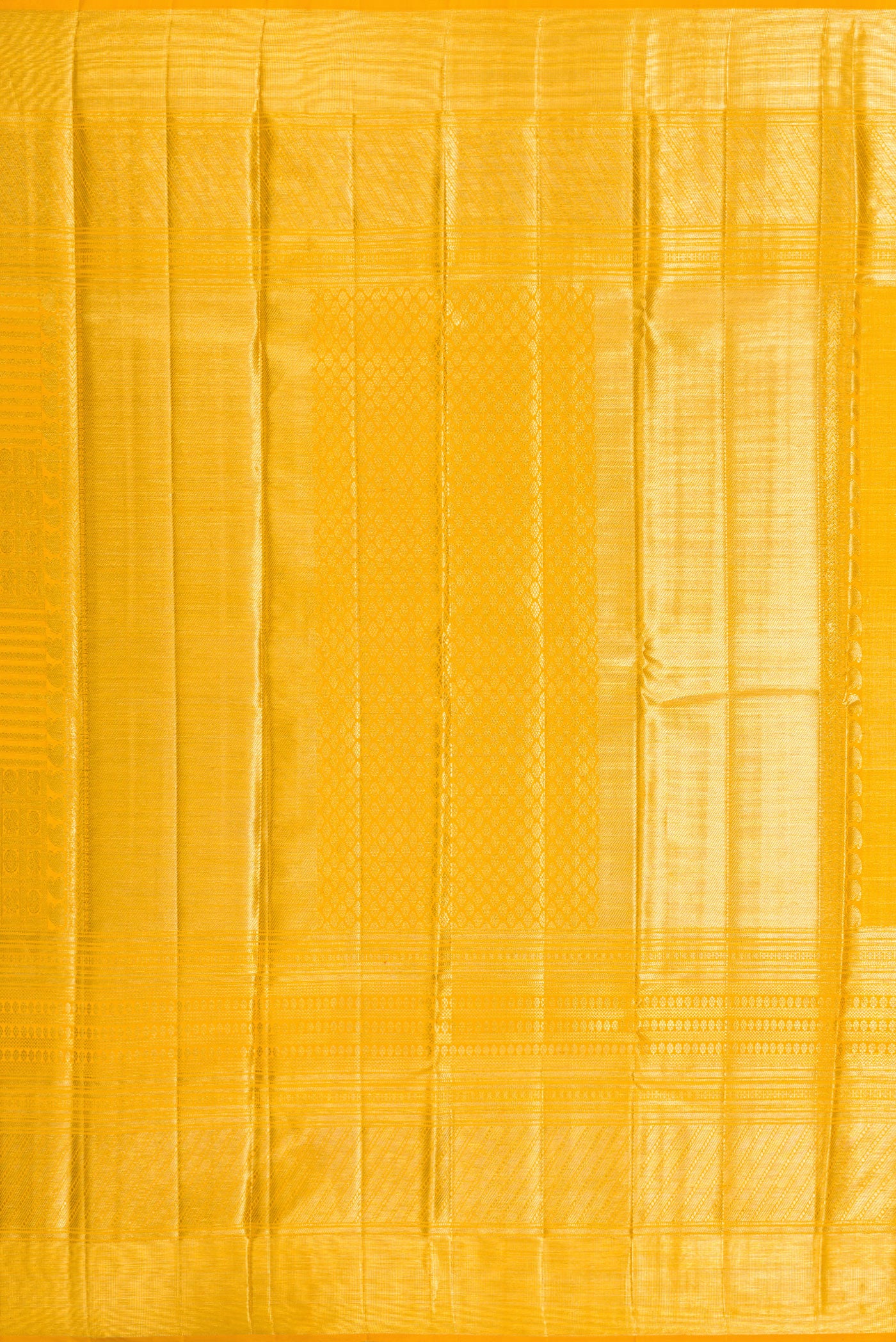 Close up image of the pallu of Yellow Dual Tone Kanjivaram Silk Saree with Zari Brocade on the body and Zari Border. 