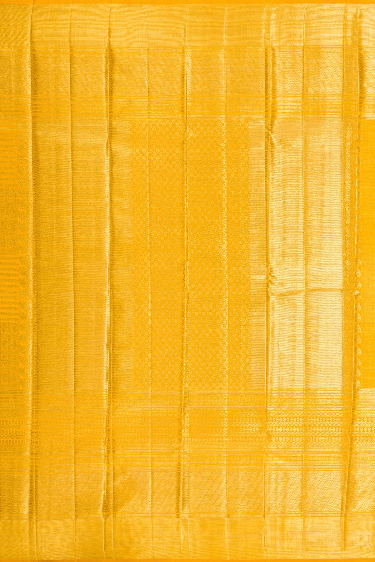 Close up image of the pallu of Yellow Dual Tone Kanjivaram Silk Saree with Zari Brocade on the body and Zari Border. 
